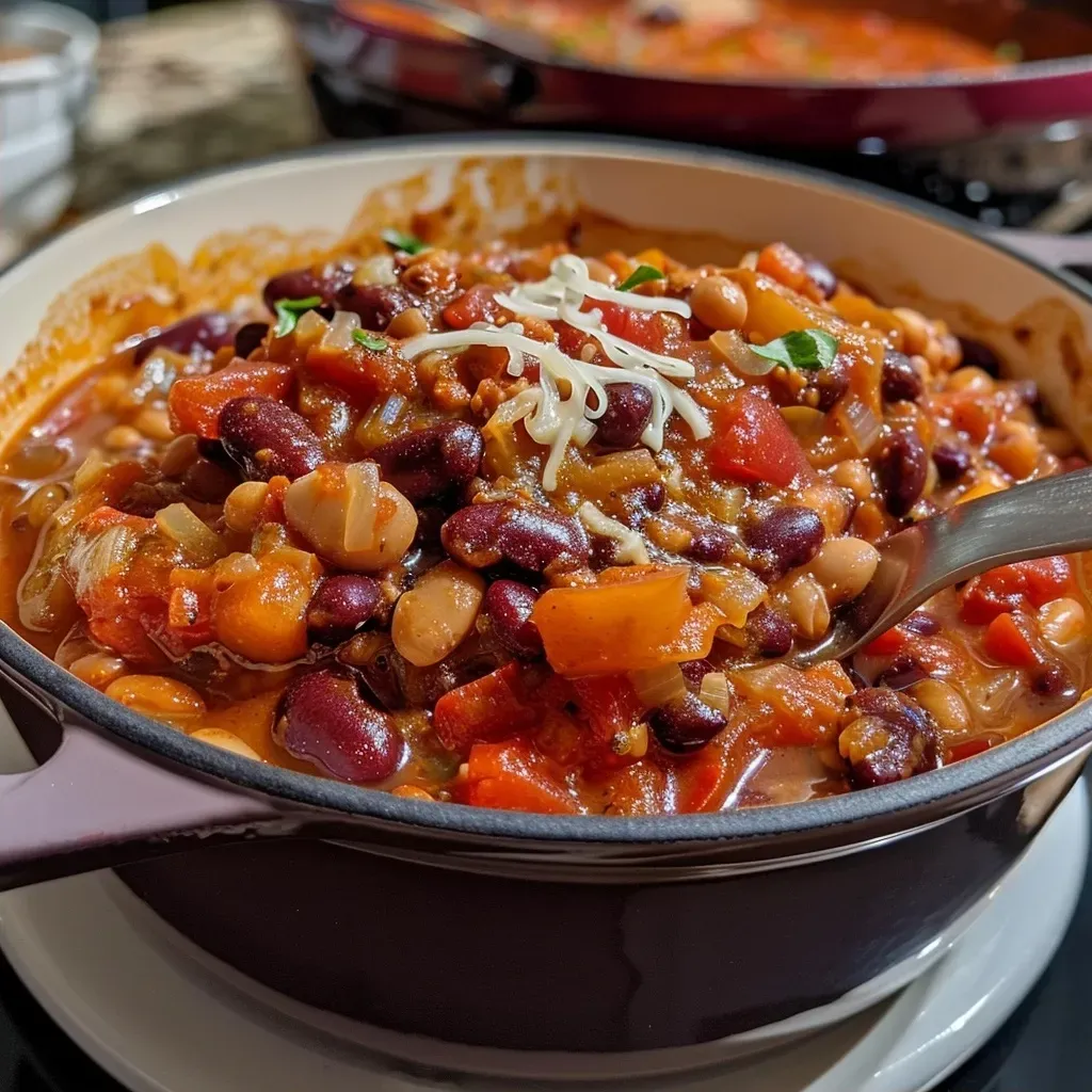['Close-up view of a bowl of three-bean vegetarian chili with vibrant colors and textures.', 'Side view of a hearty three-bean vegetarian chili showcasing beans and vegetables.', 'A colorful serving of three-bean vegetarian chili, highlighting various beans and diced tomatoes.', 'Detailed close-up of three-bean vegetarian chili, focusing on the ingredients and spices.']