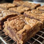 ['Close-up view of golden brown toffee blondies, displaying a soft and chewy texture.', 'Side view of delicious toffee blondies with a rich caramel color and chunks of toffee bits.', 'Juicy, freshly baked blondies stacked with visible toffee pieces and a glossy top.', 'Delicious toffee blondies showing a thick, fudgy consistency and a sprinkle of toffee chunks.']
