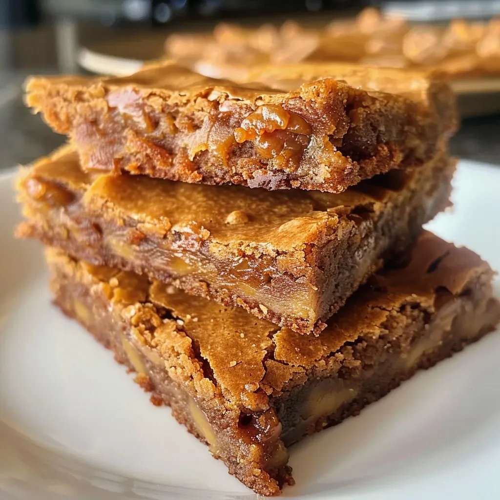 ['Close-up view of golden brown toffee blondies, displaying a soft and chewy texture.', 'Side view of delicious toffee blondies with a rich caramel color and chunks of toffee bits.', 'Juicy, freshly baked blondies stacked with visible toffee pieces and a glossy top.', 'Delicious toffee blondies showing a thick, fudgy consistency and a sprinkle of toffee chunks.']