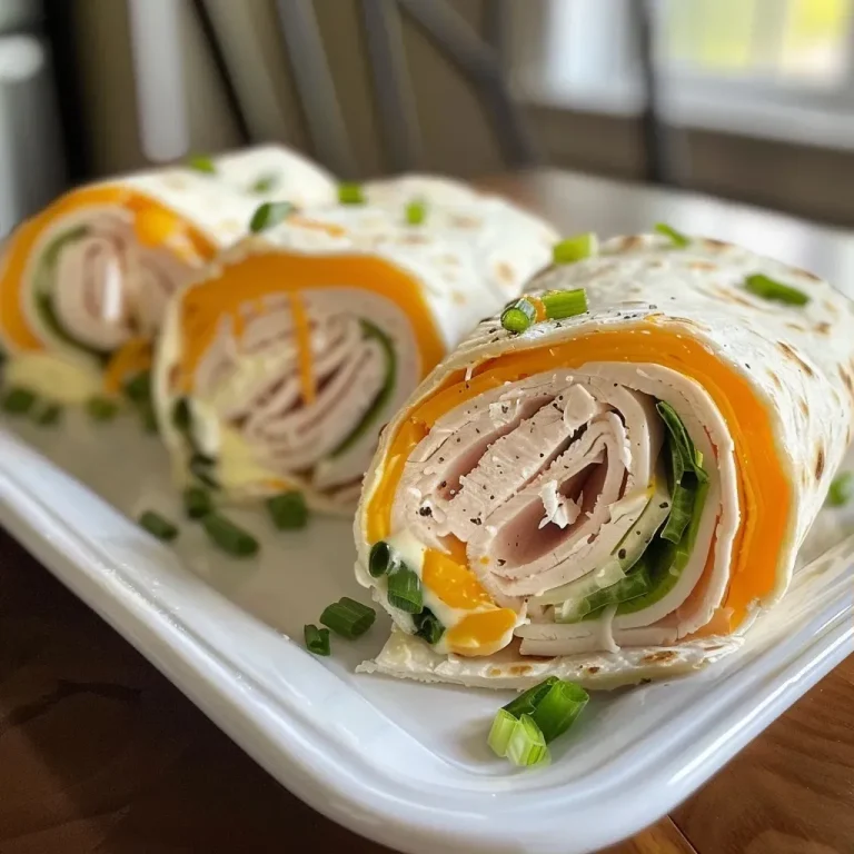 ['A close-up view of Turkey Cheddar Lunch Roll Ups, showcasing layers of turkey and cheese.', 'Side view of a rolled tortilla filled with turkey, cheddar, and greens.', 'Juicy Turkey Cheddar Lunch Roll Ups, highlighting the vibrant ingredients stacked inside a tortilla.', 'A colorful array of Turkey Cheddar Lunch Roll Ups, showing the creamy filling and fresh lettuce.']