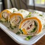 ['Close-up of Turkey Cheddar Lunch Roll Ups with colorful ingredients.', 'Side view of rolled-up tortillas filled with turkey and cheese.', 'Juicy Turkey Cheddar Lunch Roll Ups showcasing fresh greens.', 'Delicious looking turkey and cheddar roll-ups on a white plate.']