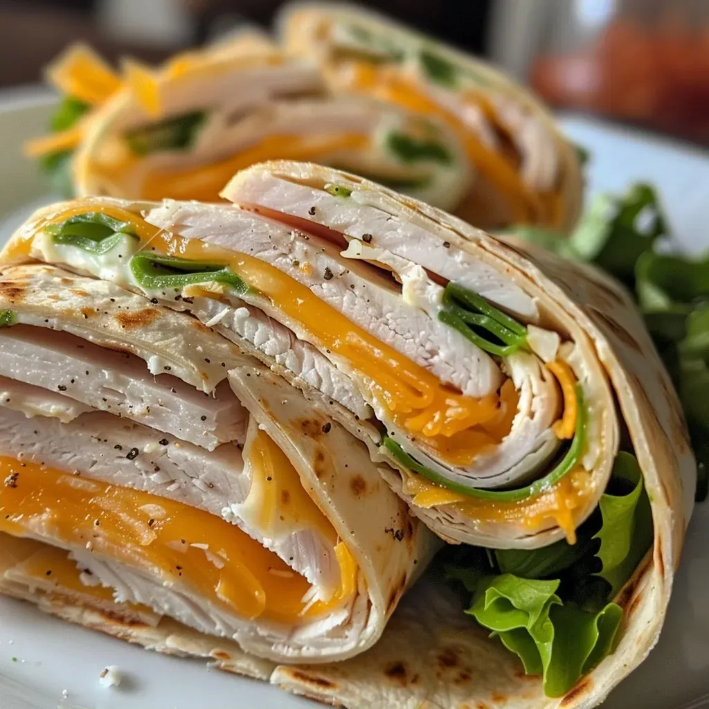 ['A close-up view of Turkey Cheddar Lunch Roll Ups, showcasing layers of turkey and cheese.', 'Side view of a rolled tortilla filled with turkey, cheddar, and greens.', 'Juicy Turkey Cheddar Lunch Roll Ups, highlighting the vibrant ingredients stacked inside a tortilla.', 'A colorful array of Turkey Cheddar Lunch Roll Ups, showing the creamy filling and fresh lettuce.']