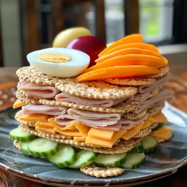 ['A close-up of a Turkey & Cheese Cracker Stacker Lunchbox featuring layered turkey, cheese, and whole-grain crackers.', 'A side view image of a colorful lunchbox with turkey, cheese slices, crackers, fruits, and vegetables.', 'A vibrant lunchbox display with stacks of turkey and cheese crackers alongside a hard-boiled egg and fresh produce.', 'An appetizing side view of a lunchbox showcasing a turkey and cheese snack arrangement with vegetables and fruit.']
