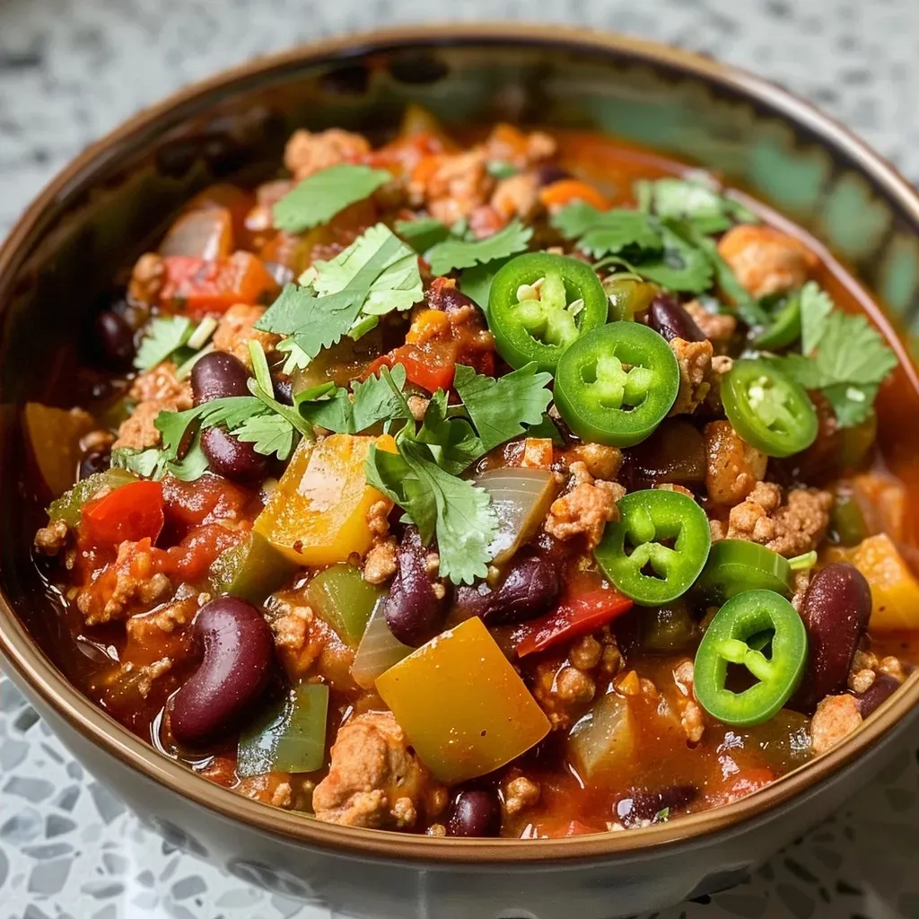 ['A close-up view of a steaming bowl of turkey chili, highlighting its rich texture and vibrant colors.', 'A side view of turkey chili in a bowl, showcasing ingredients like beans, peppers, and herbs.', 'A detailed shot of a hearty turkey chili, emphasizing the chunks of meat and fresh cilantro garnish.', 'An inviting bowl of turkey chili, featuring diced tomatoes and jalapenos, ready to be served.']