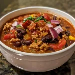 ['Close-up of a hearty bowl of turkey chili with visible beans and diced vegetables.', 'Side view of a steaming bowl of turkey chili garnished with herbs and spices.', 'Juicy turkey chili in a bowl, showcasing colorful ingredients like tomatoes and corn.', 'Vibrant turkey chili filled with beans and green chilies, captured in a close-up shot.']