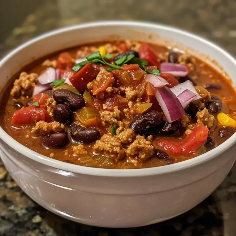 ['Close-up of a hearty bowl of turkey chili with visible beans and diced vegetables.', 'Side view of a steaming bowl of turkey chili garnished with herbs and spices.', 'Juicy turkey chili in a bowl, showcasing colorful ingredients like tomatoes and corn.', 'Vibrant turkey chili filled with beans and green chilies, captured in a close-up shot.']