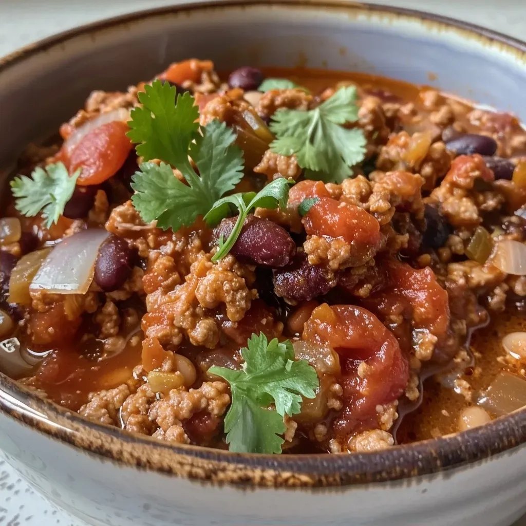 ['Close-up of a hearty bowl of turkey chili with visible beans and diced vegetables.', 'Side view of a steaming bowl of turkey chili garnished with herbs and spices.', 'Juicy turkey chili in a bowl, showcasing colorful ingredients like tomatoes and corn.', 'Vibrant turkey chili filled with beans and green chilies, captured in a close-up shot.']