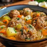 ['Close-up of a steaming bowl of turkey meatball soup with vegetables and pasta.', 'Side view of a hearty turkey meatball soup filled with carrots, celery, and potatoes.', 'Juicy turkey meatballs in a broth soup surrounded by colorful vegetables.', 'Bowl of turkey meatball soup showcasing fresh herbs and pasta.']