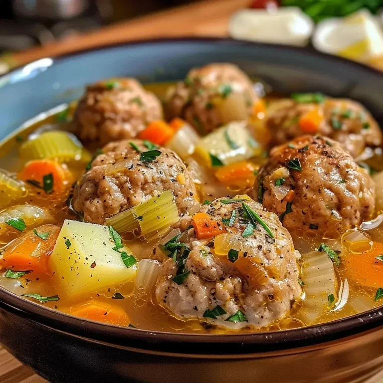 ['Close-up of a steaming bowl of turkey meatball soup with vegetables and pasta.', 'Side view of a hearty turkey meatball soup filled with carrots, celery, and potatoes.', 'Juicy turkey meatballs in a broth soup surrounded by colorful vegetables.', 'Bowl of turkey meatball soup showcasing fresh herbs and pasta.']