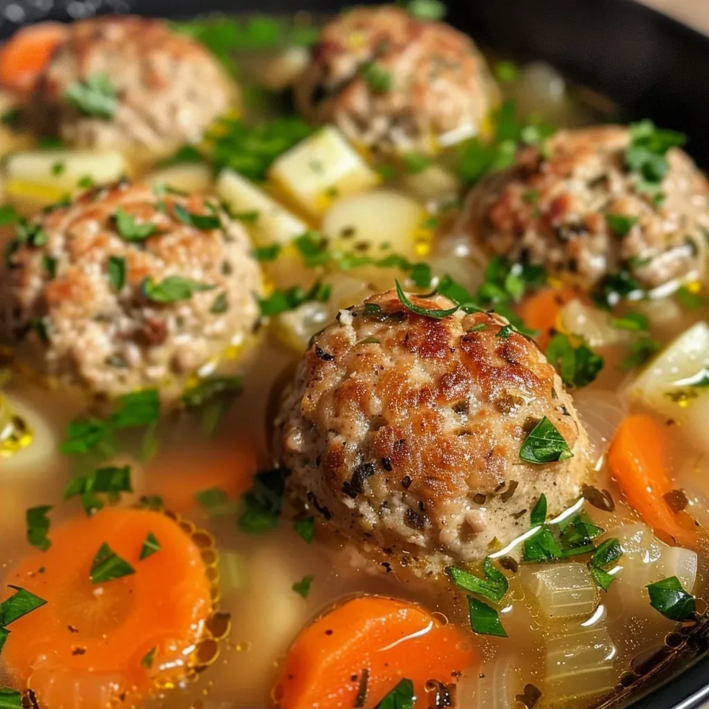 ['Close-up of a steaming bowl of turkey meatball soup with vegetables and pasta.', 'Side view of a hearty turkey meatball soup filled with carrots, celery, and potatoes.', 'Juicy turkey meatballs in a broth soup surrounded by colorful vegetables.', 'Bowl of turkey meatball soup showcasing fresh herbs and pasta.']