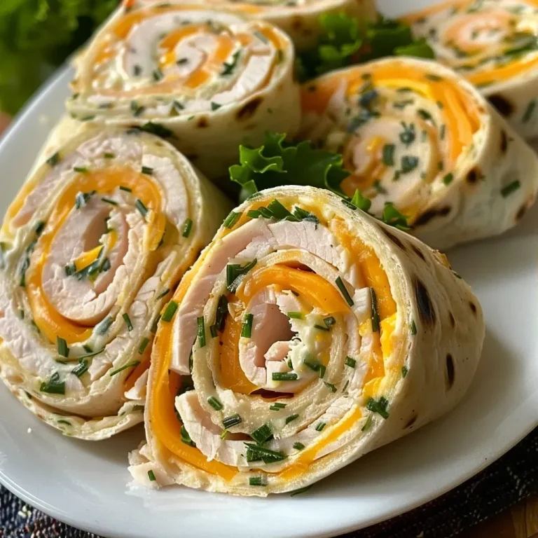 ['Close-up image of sliced Turkey Pinwheels showing layers of cream cheese and turkey.', 'Side view of Turkey Pinwheels featuring colorful filling and tortilla wrap.', 'Juicy Turkey Pinwheels on a plate, revealing their creamy texture and vibrant ingredients.', 'Detailed close-up of Turkey Pinwheels filled with cheese and chives, ready to eat.']