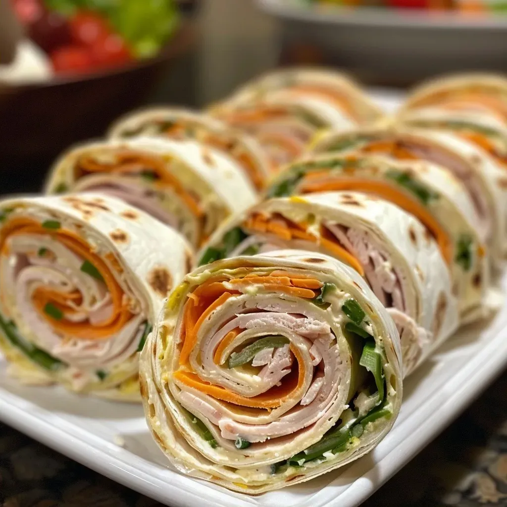 ['Close-up image of sliced Turkey Pinwheels showing layers of cream cheese and turkey.', 'Side view of Turkey Pinwheels featuring colorful filling and tortilla wrap.', 'Juicy Turkey Pinwheels on a plate, revealing their creamy texture and vibrant ingredients.', 'Detailed close-up of Turkey Pinwheels filled with cheese and chives, ready to eat.']