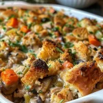 ['Close-up of a turkey stuffing casserole with a golden brown top and visible vegetables.', 'Side view of a warm turkey stuffing casserole, revealing layers of turkey and stuffing.', 'Juicy turkey stuffing casserole with melted cheese and herbs garnishing the top.', 'Appetizing close-up of a turkey casserole, showcasing the creamy texture and colorful mixed vegetables.']