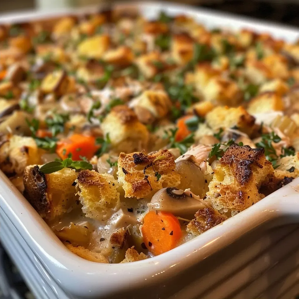 ['Close-up of a turkey stuffing casserole with a golden brown top and visible vegetables.', 'Side view of a warm turkey stuffing casserole, revealing layers of turkey and stuffing.', 'Juicy turkey stuffing casserole with melted cheese and herbs garnishing the top.', 'Appetizing close-up of a turkey casserole, showcasing the creamy texture and colorful mixed vegetables.']