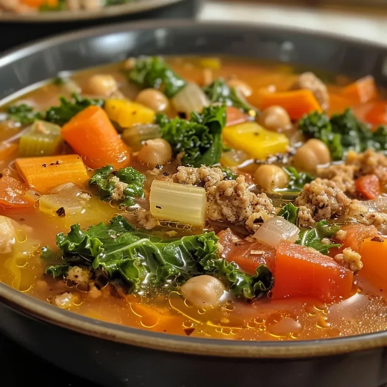 ['Close-up of a bowl of Tuscan sausage and kale soup with vibrant green kale and chunks of sausage.', 'A side view of hearty Tuscan soup featuring ground turkey, kale, and colorful vegetables.', 'Detailed close-up of a delicious bowl of Tuscan sausage and kale soup, showcasing its rich texture.', 'A beautifully presented bowl of Tuscan soup with fresh ingredients and a savory broth.']