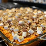 ['Close-up of a creamy Twice Baked Sweet Potato Casserole with marshmallows and pecans.', 'Side view of a baked sweet potato casserole topped with toasted marshmallows and chopped pecans.', 'Luscious sweet potato casserole featuring a golden-brown marshmallow topping and a smooth texture.', 'Heap of Twice Baked Sweet Potato Casserole showcasing a rich and fluffy interior with nutty pecans.']