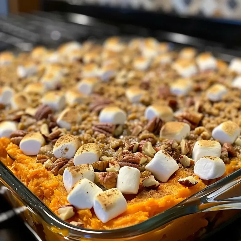 ['Close-up of a creamy Twice Baked Sweet Potato Casserole with marshmallows and pecans.', 'Side view of a baked sweet potato casserole topped with toasted marshmallows and chopped pecans.', 'Luscious sweet potato casserole featuring a golden-brown marshmallow topping and a smooth texture.', 'Heap of Twice Baked Sweet Potato Casserole showcasing a rich and fluffy interior with nutty pecans.']