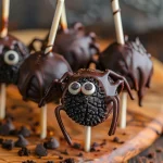 ['Close-up view of spider-themed cake pops with chocolate coating and decorative features.', 'Delicious cake pops designed as spiders, featuring dark chocolate and candy details.', 'Side view of spider cake pops, showcasing black sanding sugar and eyeball sprinkles.', 'A collection of spider cake pops displayed with licorice legs and spooky decorations.']