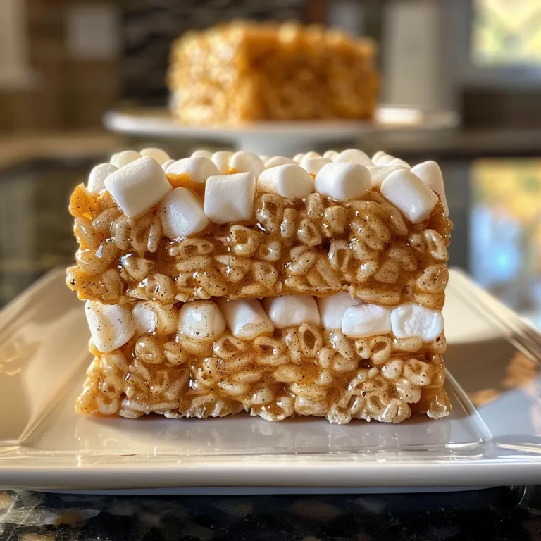 ['Close-up view of Browned Butter Pumpkin Spice Rice Krispie Treats, showing their golden-brown texture.', 'Side view of Rice Krispie treats with a rich pumpkin spice flavor, revealing crispy cereal and melted marshmallows.', 'Tasty Browned Butter Pumpkin Spice Rice Krispie Treats, showcasing their gooey and chewy appearance.', 'Detailed close-up of a delicious dessert, highlighting the warm colors and mixed spices in the Rice Krispie treats.']