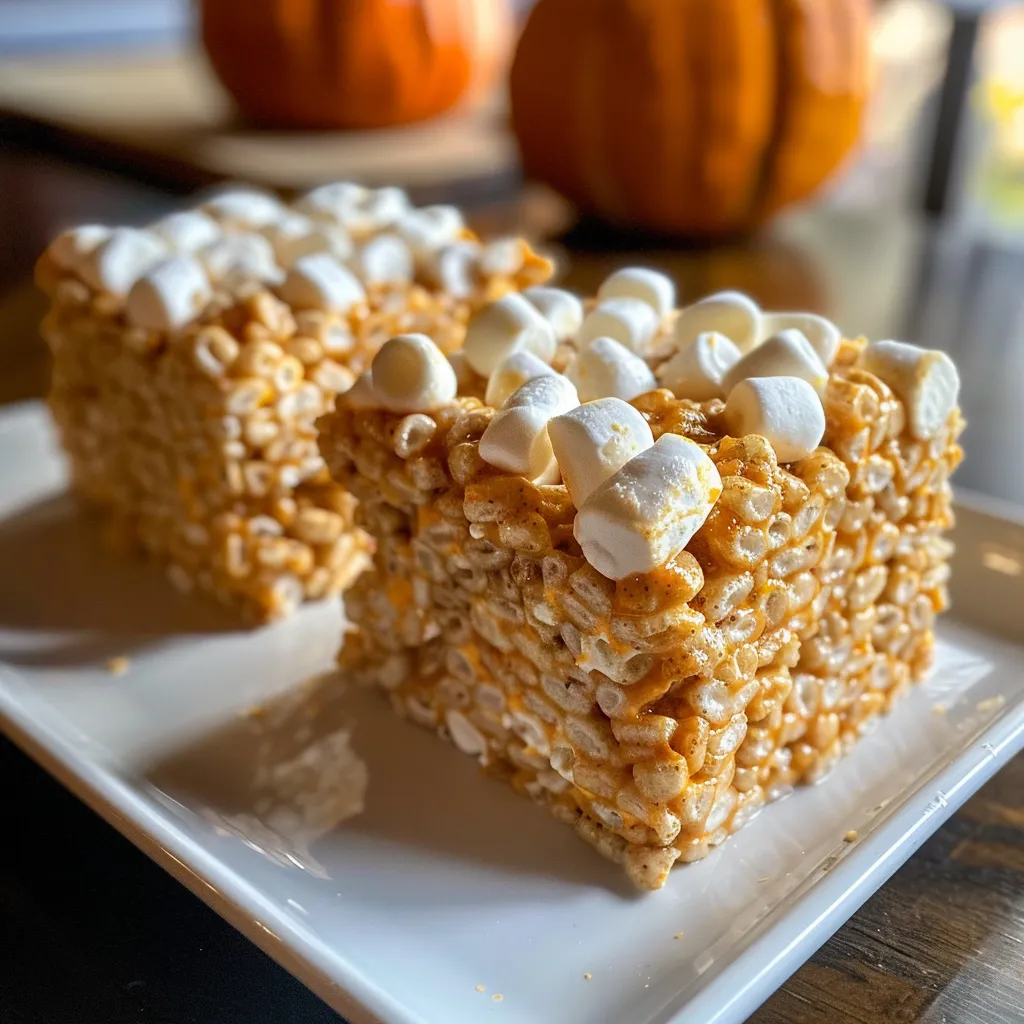 ['Close-up view of Browned Butter Pumpkin Spice Rice Krispie Treats, showing their golden-brown texture.', 'Side view of Rice Krispie treats with a rich pumpkin spice flavor, revealing crispy cereal and melted marshmallows.', 'Tasty Browned Butter Pumpkin Spice Rice Krispie Treats, showcasing their gooey and chewy appearance.', 'Detailed close-up of a delicious dessert, highlighting the warm colors and mixed spices in the Rice Krispie treats.']