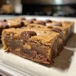['Close-up view of chewy peanut butter cup blondies topped with halved mini peanut butter cups.', 'Side view of golden blondies adorned with mini peanut butter cups, showcasing their soft texture.', 'Delicious blondie treat featuring melted peanut butter cups, captured in a vibrant close-up.', 'Juicy, moist blondies with a rich peanut butter flavor and chunks of mini peanut butter cups visible.']