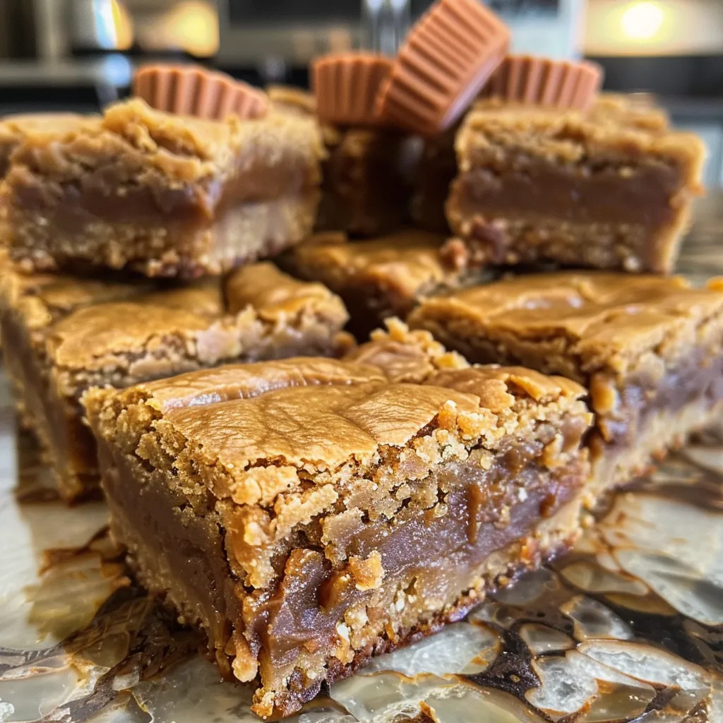 Close-up view of chewy peanut butter cup blondies topped with halved mini peanut butter cups.