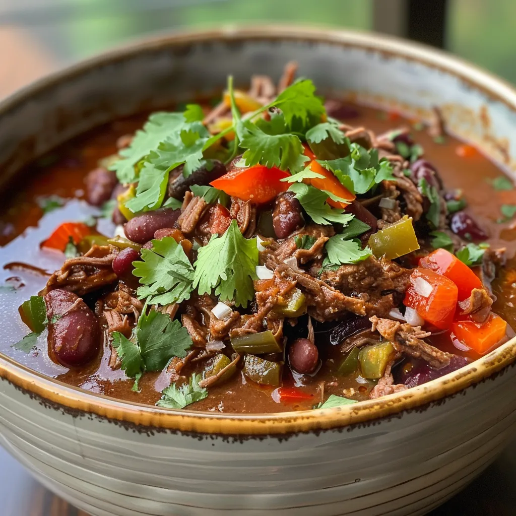 ['Close-up of a bowl of Slow Cooker Shredded Beef Chili, highlighting its chunky texture and vibrant colors.', 'Side view of a rich, savory chili with shredded beef, beans, and fresh peppers in a rustic bowl.', 'Juicy Slow Cooker Shredded Beef Chili topped with herbs, showing layers of ingredients like beef, beans, and tomatoes.', 'A delicious serving of beef chili in a bowl, featuring vibrant vegetables and a thick sauce.']
