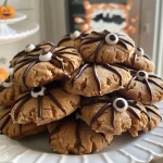 ['Close-up view of a gluten-free vegan peanut butter spider cookie decorated with candy eyes.', 'Side view of a deliciously textured gluten-free vegan peanut butter cookie featuring chocolate chips and spider decoration.', 'A single gluten-free vegan peanut butter spider cookie showcasing its rich brown color and candy eyeballs.', 'Juicy gluten-free vegan peanut butter cookie with a spider design, highlighting its chocolate chips and soft texture.']