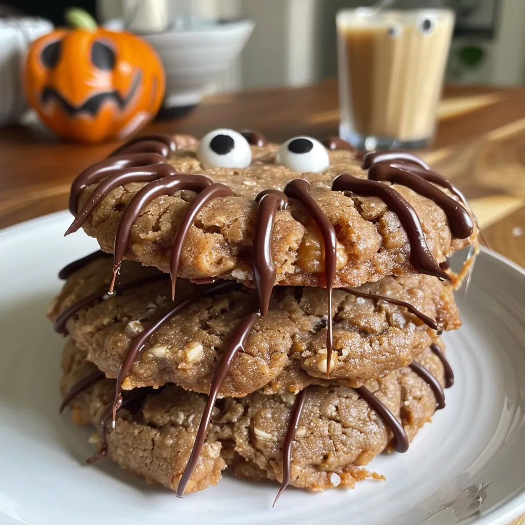 ['Close-up view of a gluten-free vegan peanut butter spider cookie decorated with candy eyes.', 'Side view of a deliciously textured gluten-free vegan peanut butter cookie featuring chocolate chips and spider decoration.', 'A single gluten-free vegan peanut butter spider cookie showcasing its rich brown color and candy eyeballs.', 'Juicy gluten-free vegan peanut butter cookie with a spider design, highlighting its chocolate chips and soft texture.']