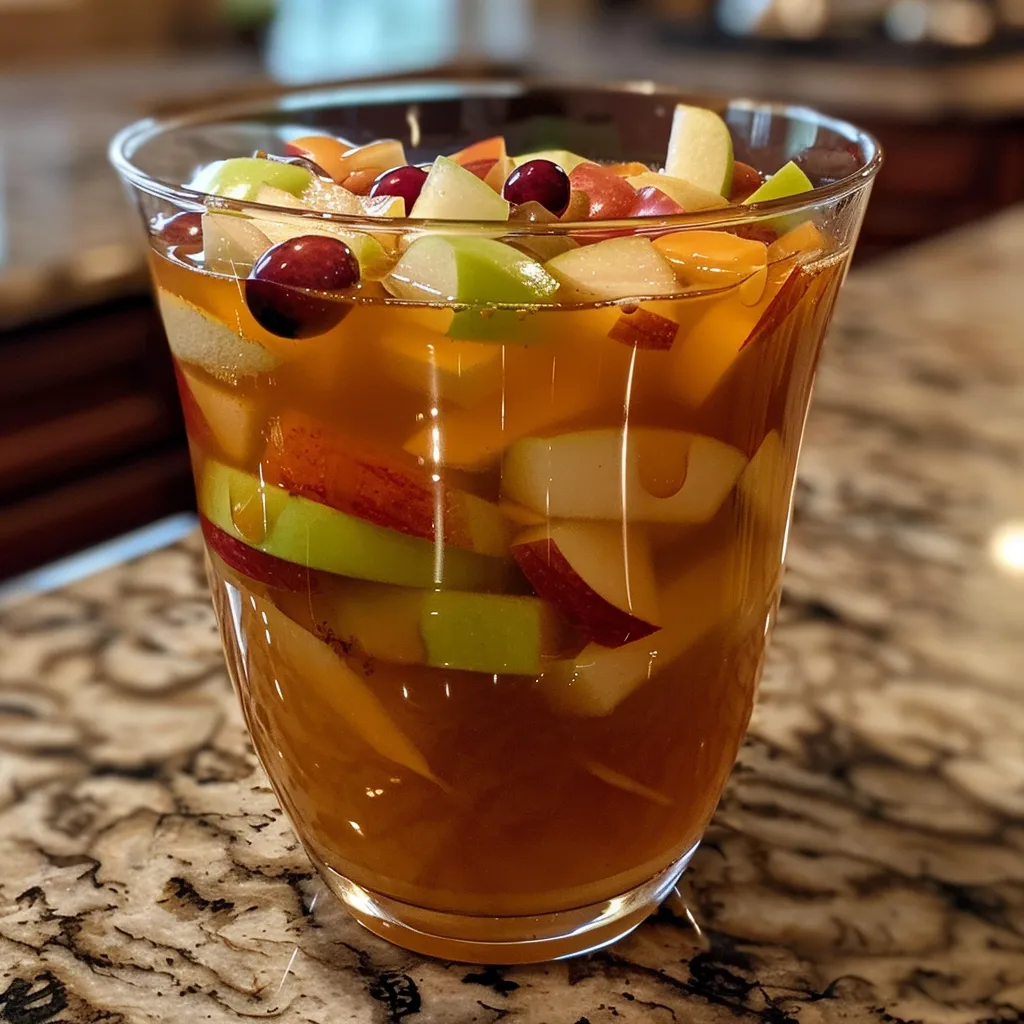['Close-up view of a glass of Caramel Apple Punch with apple slices and cranberries visible.', 'Side view of a vibrant Caramel Apple Punch in a clear glass garnished with fresh apples and ice.', 'A refreshing Caramel Apple Punch with floating apple slices and cranberries, served in a glass.', 'Detailed image showing a delicious Caramel Apple Punch with ice, garnished with red and green apple slices.']