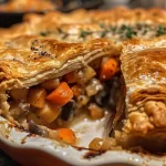 ['A close-up view of a baked Roasted Autumn Vegetable Pot Pie featuring a golden puff pastry crust.', 'Side angle of a Roasted Autumn Vegetable Pot Pie, showcasing its flaky top and colorful vegetable filling.', 'Juicy Roasted Autumn Vegetable Pot Pie with a crispy crust and vibrant autumn vegetables visible inside.', 'Detailed shot of Roasted Autumn Vegetable Pot Pie, highlighting the rich golden color and hearty vegetable filling.']
