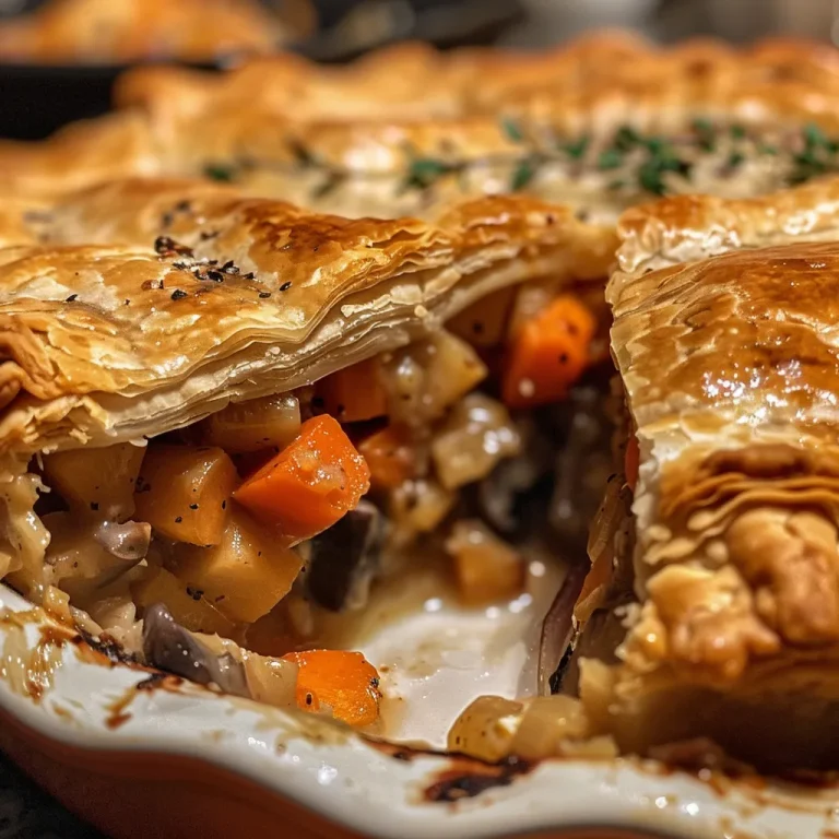 ['A close-up view of a baked Roasted Autumn Vegetable Pot Pie featuring a golden puff pastry crust.', 'Side angle of a Roasted Autumn Vegetable Pot Pie, showcasing its flaky top and colorful vegetable filling.', 'Juicy Roasted Autumn Vegetable Pot Pie with a crispy crust and vibrant autumn vegetables visible inside.', 'Detailed shot of Roasted Autumn Vegetable Pot Pie, highlighting the rich golden color and hearty vegetable filling.']