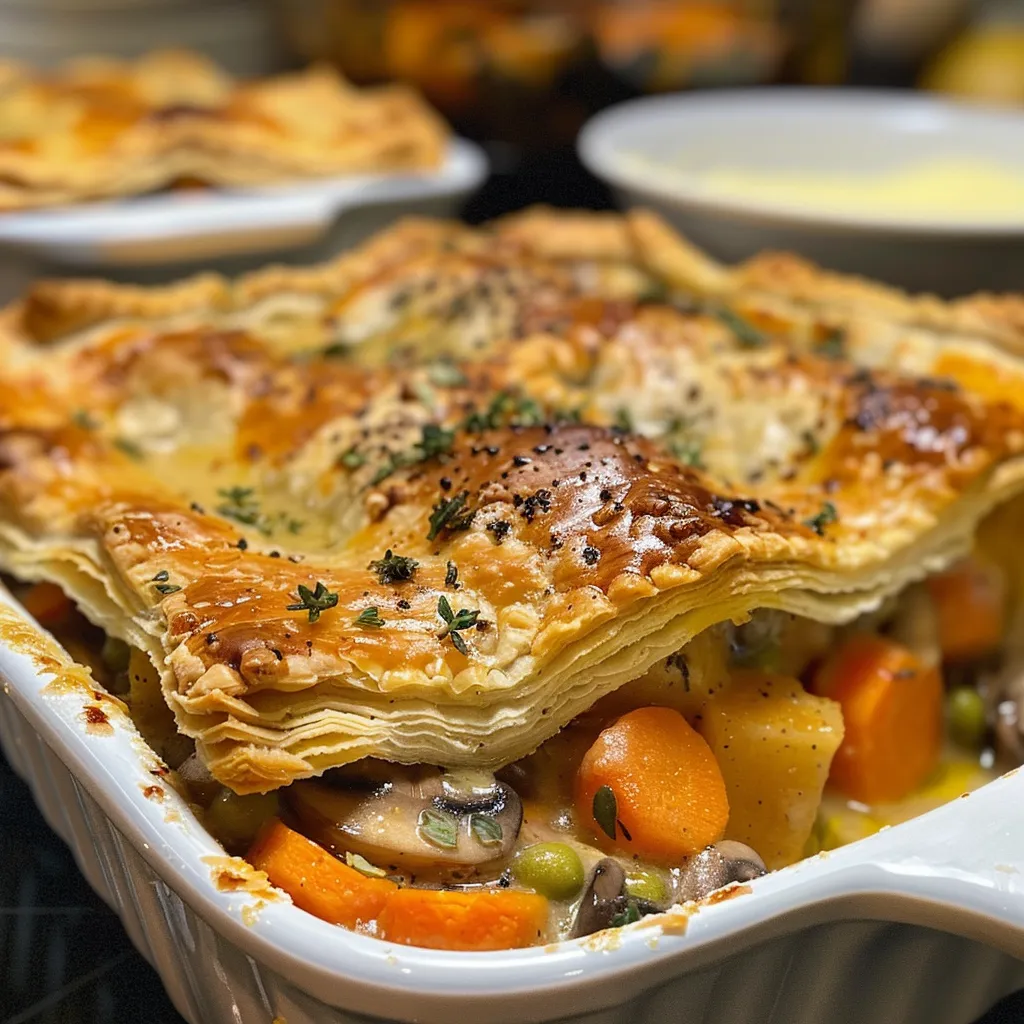 ['A close-up view of a baked Roasted Autumn Vegetable Pot Pie featuring a golden puff pastry crust.', 'Side angle of a Roasted Autumn Vegetable Pot Pie, showcasing its flaky top and colorful vegetable filling.', 'Juicy Roasted Autumn Vegetable Pot Pie with a crispy crust and vibrant autumn vegetables visible inside.', 'Detailed shot of Roasted Autumn Vegetable Pot Pie, highlighting the rich golden color and hearty vegetable filling.']