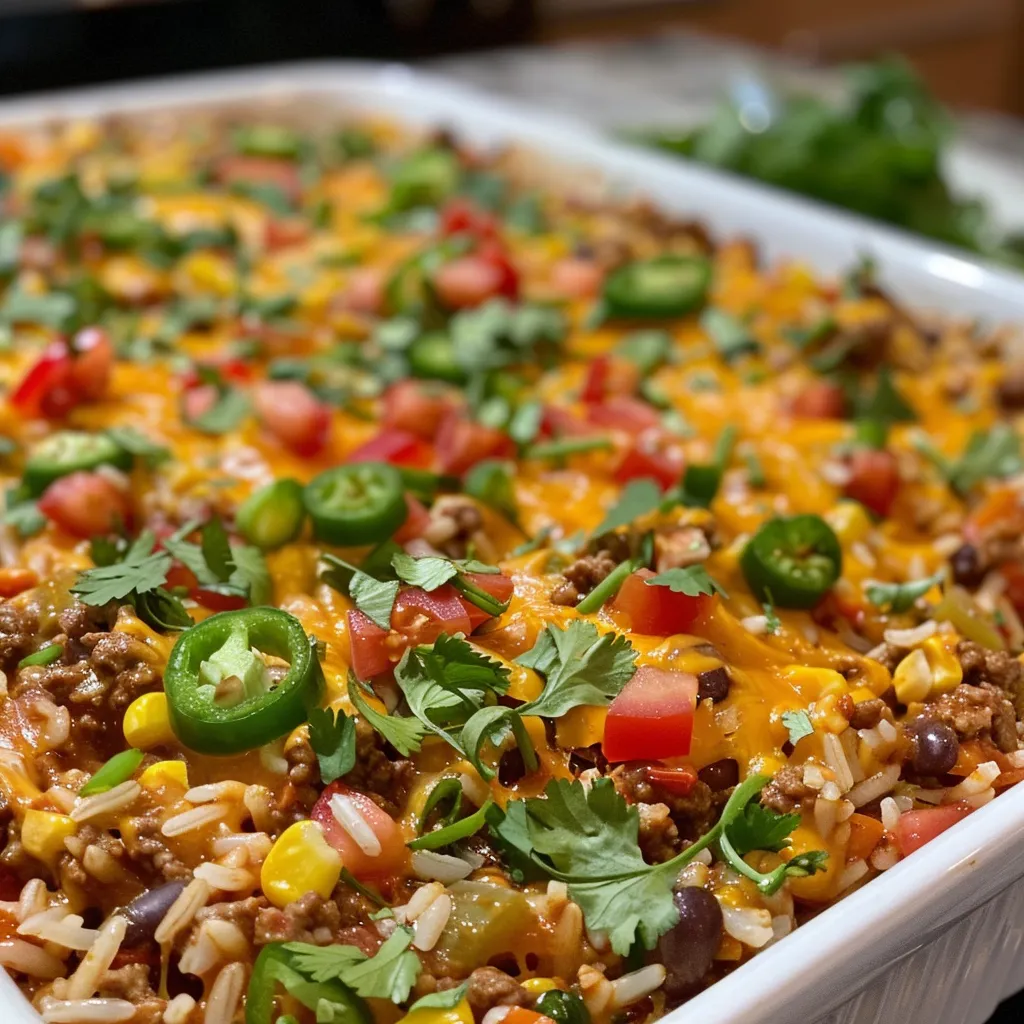 ['Close-up view of a Mexican Rice Casserole with layers of meat, rice, and cheese.', 'Side view of a delicious Mexican Rice Casserole, showcasing colorful ingredients and melted cheese.', 'Juicy Mexican Rice Casserole with ground beef and bell peppers, captured in detail.', 'A vibrant slice of Mexican Rice Casserole displaying black beans and corn on a plate.']