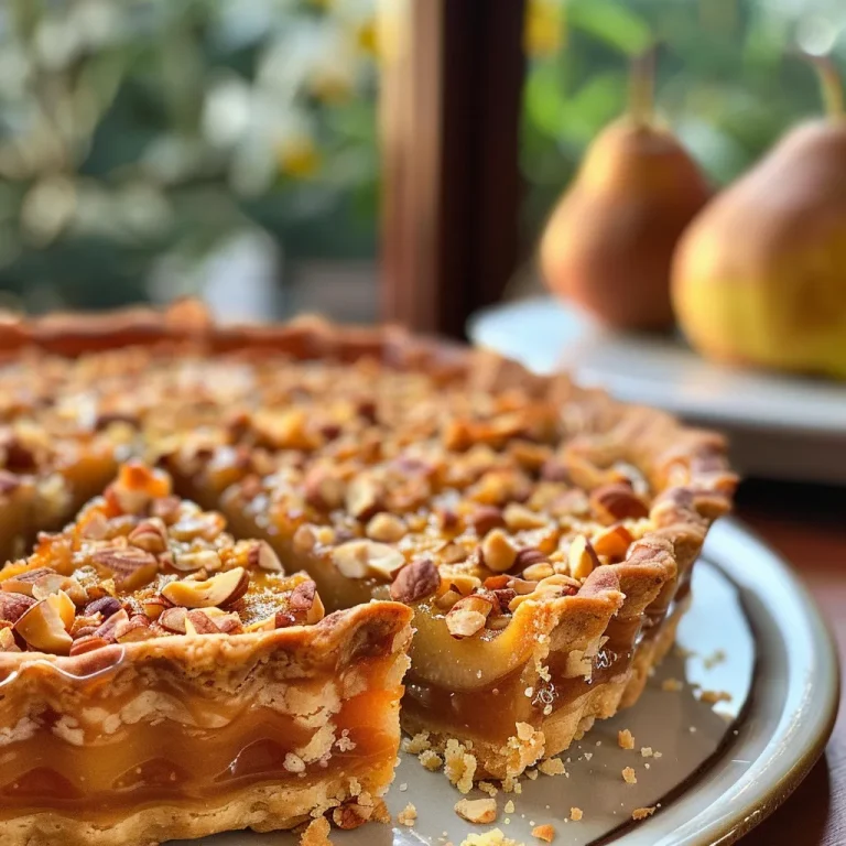 ['Close-up view of a hazelnut and brown butter tart with caramelized pear on a plate.', 'Side view of a decadent hazelnut tart topped with pear slices and ice cream.', 'Juicy hazelnut and brown butter tart arranged with caramelized pears and vanilla ice cream.', 'Sliced hazelnut tart showcasing brown butter filling, pear topping, and ice cream.']