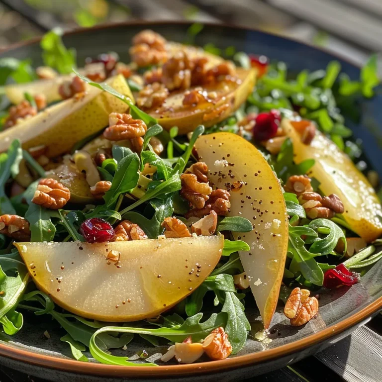 ['A close-up view of a vibrant Pear Arugula Salad topped with candied walnuts and cheese.', 'A side view of a fresh salad featuring arugula, sliced pears, and crunchy walnuts.', 'A detailed shot of a colorful salad with arugula, pears, and various toppings on a white plate.', 'A luscious salad rich in textures, showcasing pears, walnuts, and arugula leaves.']