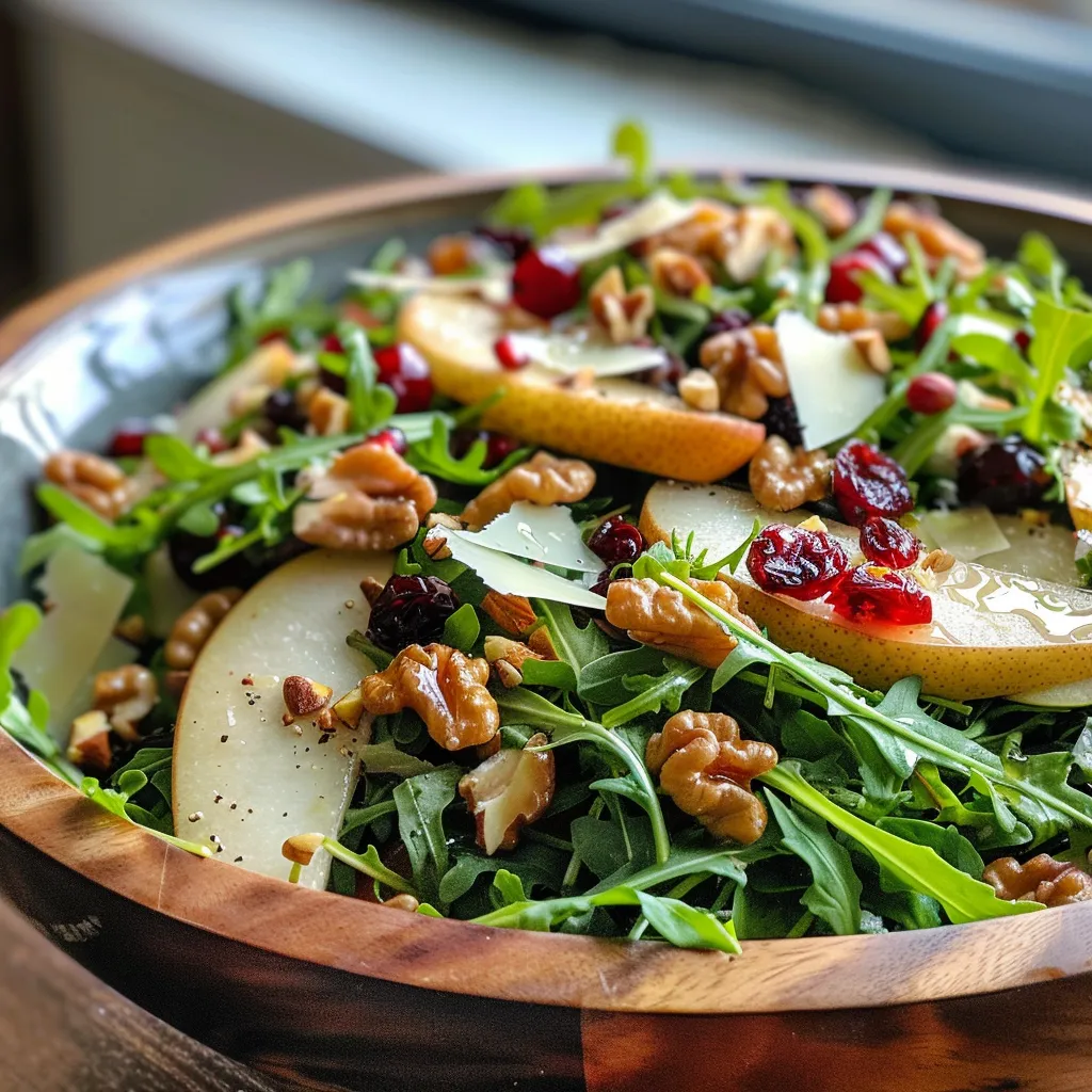 ['A close-up view of a vibrant Pear Arugula Salad topped with candied walnuts and cheese.', 'A side view of a fresh salad featuring arugula, sliced pears, and crunchy walnuts.', 'A detailed shot of a colorful salad with arugula, pears, and various toppings on a white plate.', 'A luscious salad rich in textures, showcasing pears, walnuts, and arugula leaves.']