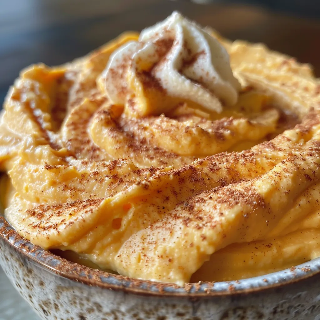 ['Close-up view of a creamy pumpkin dip in a bowl with spices sprinkled on top.', 'Side view of a vibrant orange pumpkin dip presented in a dish, with a smooth texture.', 'Creamy pumpkin dip displayed in a bowl, showing a decorative swirl on the surface.', 'Rich pumpkin dip with a creamy consistency, garnished with a sprinkle of pumpkin pie spice.']