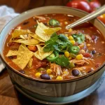 ['A close-up side view of Crockpot Chicken Enchilada Soup showcasing a rich, colorful blend of ingredients.', 'A vibrant bowl of Crockpot Chicken Enchilada Soup with visible chunks of chicken, beans, and toppings.', 'Hearty Crockpot Chicken Enchilada Soup in a bowl, highlighting its texture and garnishes.', 'Close-up shot of a delicious serving of Crockpot Chicken Enchilada Soup featuring shredded chicken and corn.']