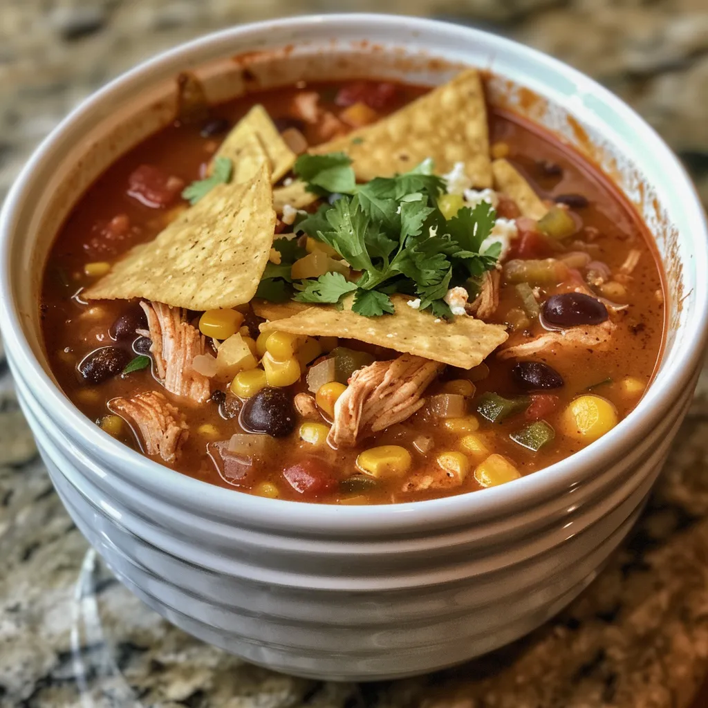['A close-up side view of Crockpot Chicken Enchilada Soup showcasing a rich, colorful blend of ingredients.', 'A vibrant bowl of Crockpot Chicken Enchilada Soup with visible chunks of chicken, beans, and toppings.', 'Hearty Crockpot Chicken Enchilada Soup in a bowl, highlighting its texture and garnishes.', 'Close-up shot of a delicious serving of Crockpot Chicken Enchilada Soup featuring shredded chicken and corn.']
