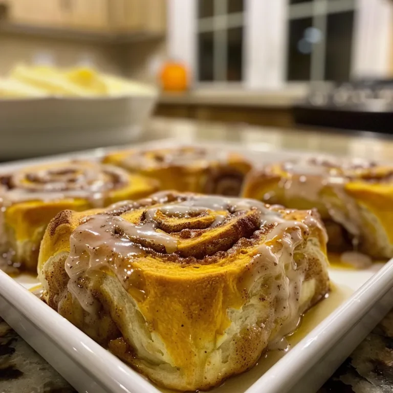 ['Close-up view of warm, golden-brown pumpkin cinnamon rolls drizzled with cream cheese icing.', 'Side shot of gooey brown butter pumpkin cinnamon rolls topped with a thick layer of white icing.', 'A tantalizing display of pumpkin cinnamon rolls with glistening icing and cinnamon dust.', 'Delicious, fluffy pumpkin cinnamon rolls highlighted by a creamy glaze and a sprinkle of cinnamon.']