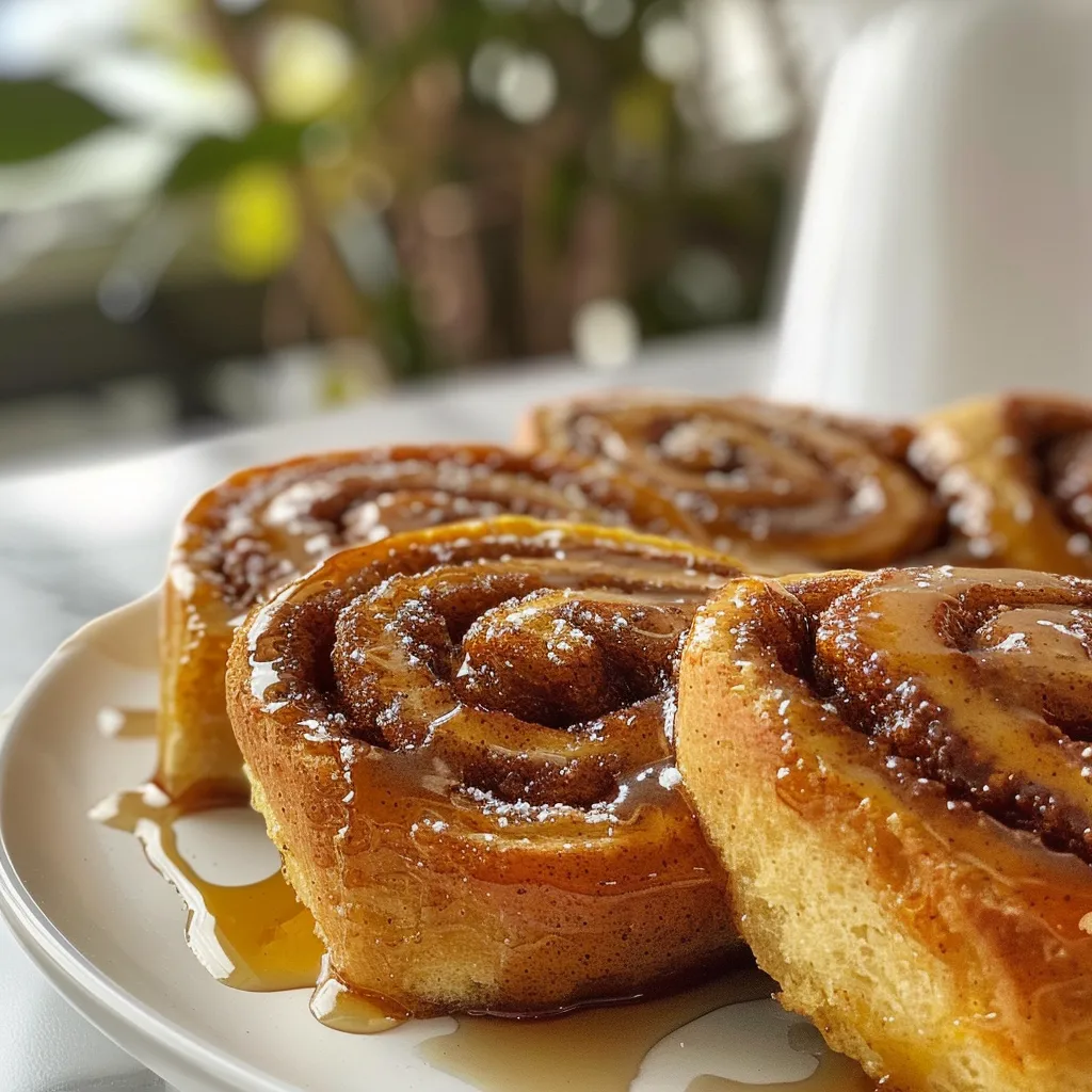 ['Close-up view of warm, golden-brown pumpkin cinnamon rolls drizzled with cream cheese icing.', 'Side shot of gooey brown butter pumpkin cinnamon rolls topped with a thick layer of white icing.', 'A tantalizing display of pumpkin cinnamon rolls with glistening icing and cinnamon dust.', 'Delicious, fluffy pumpkin cinnamon rolls highlighted by a creamy glaze and a sprinkle of cinnamon.']