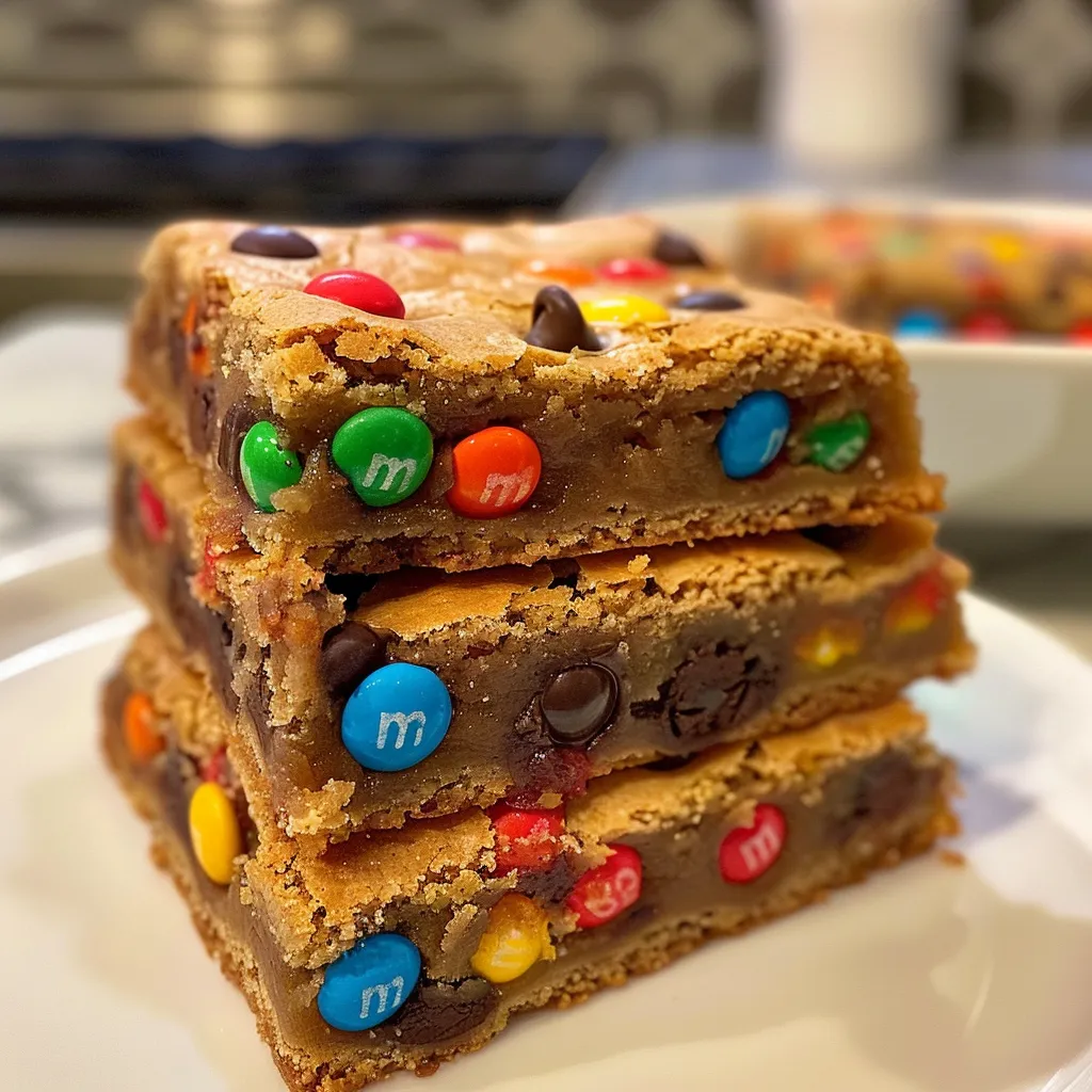 ['Close-up view of golden-brown chocolate chip M&M blondies with colorful M&M pieces.', 'Side view of freshly baked blondies topped with chocolate chips and M&Ms.', 'Juicy chocolate chip M&M blondies displayed on a plate, highlighting their chewy texture.', 'Delicious blondies featuring chunks of M&Ms and chocolate chips, captured in rich detail.']