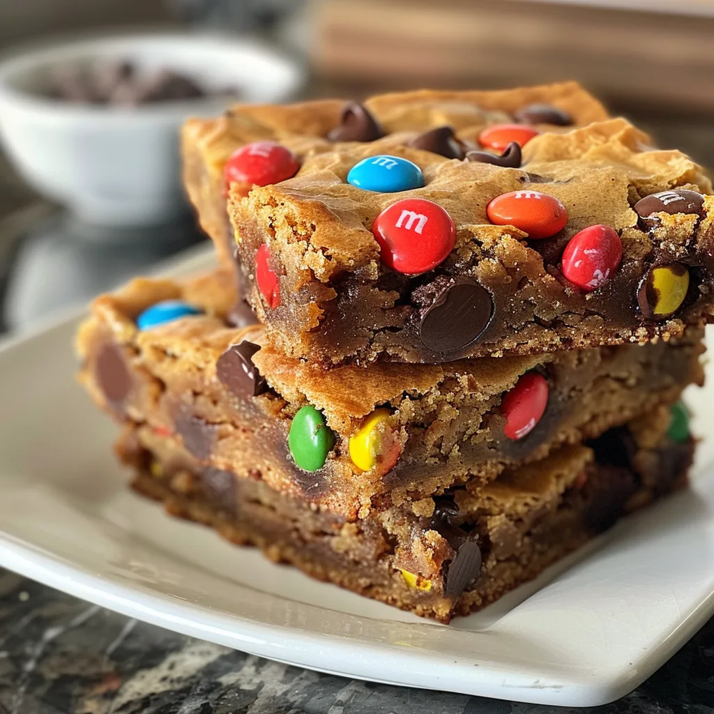 ['Close-up view of golden-brown chocolate chip M&M blondies with colorful M&M pieces.', 'Side view of freshly baked blondies topped with chocolate chips and M&Ms.', 'Juicy chocolate chip M&M blondies displayed on a plate, highlighting their chewy texture.', 'Delicious blondies featuring chunks of M&Ms and chocolate chips, captured in rich detail.']