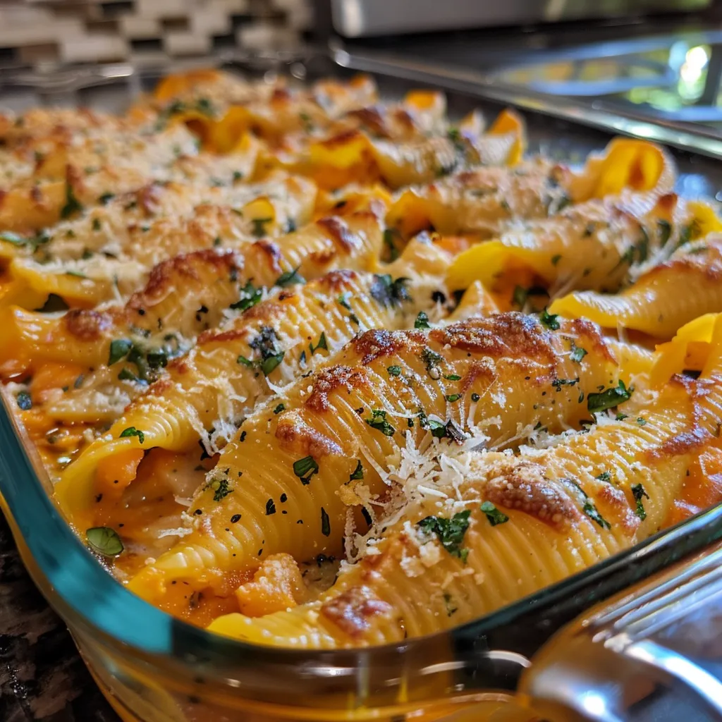 ['Close-up of butternut squash stuffed shells, showcasing a creamy filling.', 'Side view of jumbo pasta shells filled with butternut squash and spinach.', 'Juicy, golden butternut squash stuffed shells arranged on a plate.', 'Deliciously baked butternut squash stuffed shells topped with herbs and spices.']