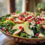 ['Close-up view of a vibrant Autumn Kale Harvest Salad with sliced apples, pomegranate, and almonds.', 'Side view of a colorful salad featuring Lacinato kale, arugula, and apple slices, garnished with pomegranate arils.', 'Fresh Autumn Kale Harvest Salad displayed with a variety of ingredients, including candied almonds and a drizzle of dressing.', 'Detailed photo of a salad featuring dark green kale, bright red pomegranate, and golden almonds, highlighting its freshness.']