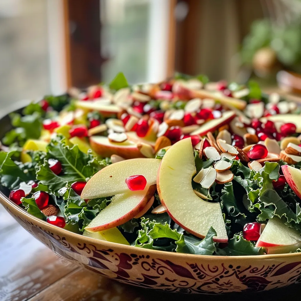 ['Close-up view of a vibrant Autumn Kale Harvest Salad with sliced apples, pomegranate, and almonds.', 'Side view of a colorful salad featuring Lacinato kale, arugula, and apple slices, garnished with pomegranate arils.', 'Fresh Autumn Kale Harvest Salad displayed with a variety of ingredients, including candied almonds and a drizzle of dressing.', 'Detailed photo of a salad featuring dark green kale, bright red pomegranate, and golden almonds, highlighting its freshness.']