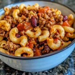 ['A close-up side view of a bowl filled with High Protein Chili Mac, showcasing macaroni noodles, ground beef, and melted cheese.', 'Juicy High Protein Chili Mac in a bowl, featuring a rich blend of ingredients including beans, tomatoes, and spices.', 'Side view of a steaming bowl of High Protein Chili Mac, with visible macaroni, ground beef, and a cheesy topping.', 'High Protein Chili Mac close-up, displaying colorful ingredients such as red kidney beans and diced tomatoes mixed with pasta.']
