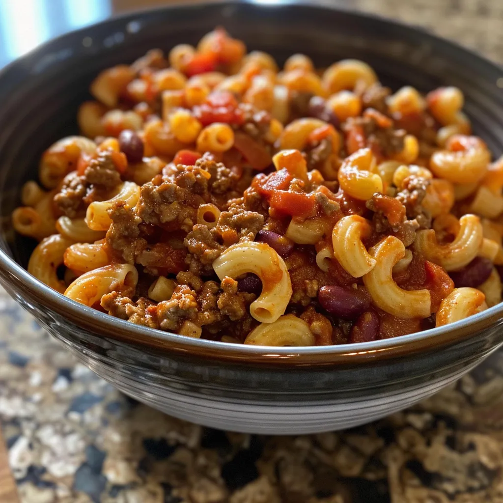 ['A close-up side view of a bowl filled with High Protein Chili Mac, showcasing macaroni noodles, ground beef, and melted cheese.', 'Juicy High Protein Chili Mac in a bowl, featuring a rich blend of ingredients including beans, tomatoes, and spices.', 'Side view of a steaming bowl of High Protein Chili Mac, with visible macaroni, ground beef, and a cheesy topping.', 'High Protein Chili Mac close-up, displaying colorful ingredients such as red kidney beans and diced tomatoes mixed with pasta.']