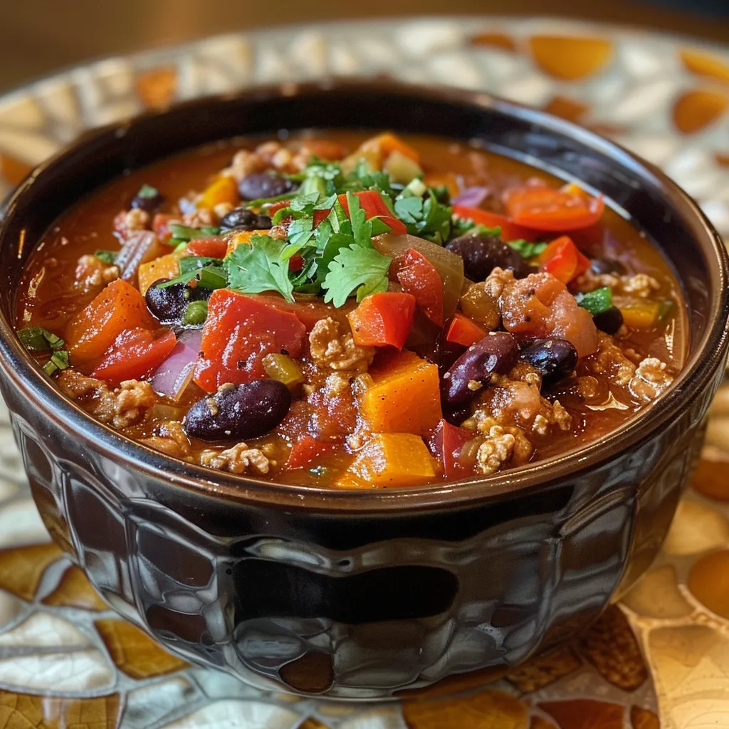 ['Close-up view of a bowl of Turkey Pumpkin Chili garnished with fresh herbs.', 'Side view of a hearty bowl of Turkey Pumpkin Chili with visible beans and peppers.', 'Delicious Turkey Pumpkin Chili in a rustic bowl, showcasing vibrant colors of ingredients.', 'Tasty Turkey Pumpkin Chili, highlighting the texture of ground turkey and pumpkin.']
